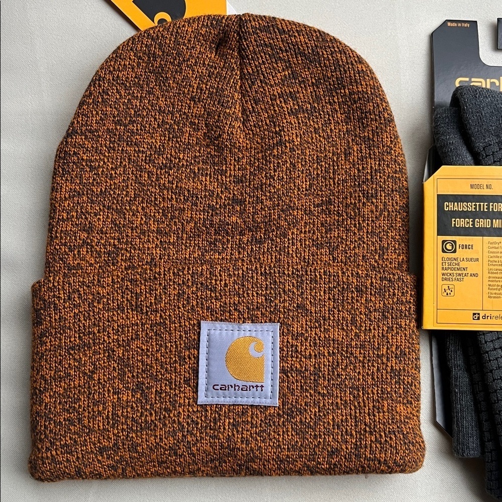 Carhartt Brown Knit Cuffed Beanie and Gray Crew Socks Set - Picture 2 of 5
